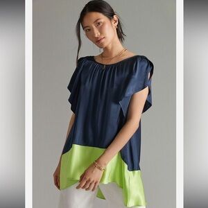 Anthropologie | Colorblocked Tunic Blouse Top Navy Green New XS Airy Oversized